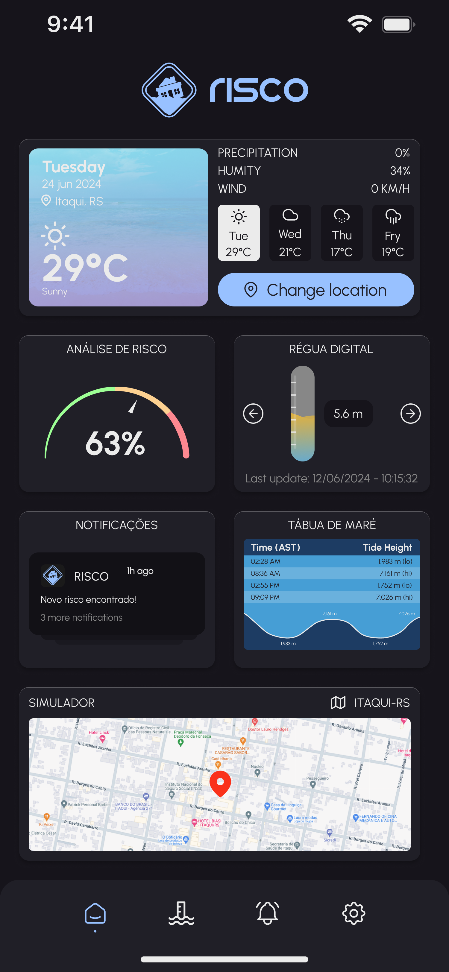 Tela inicial do aplicativo Projeto Risco